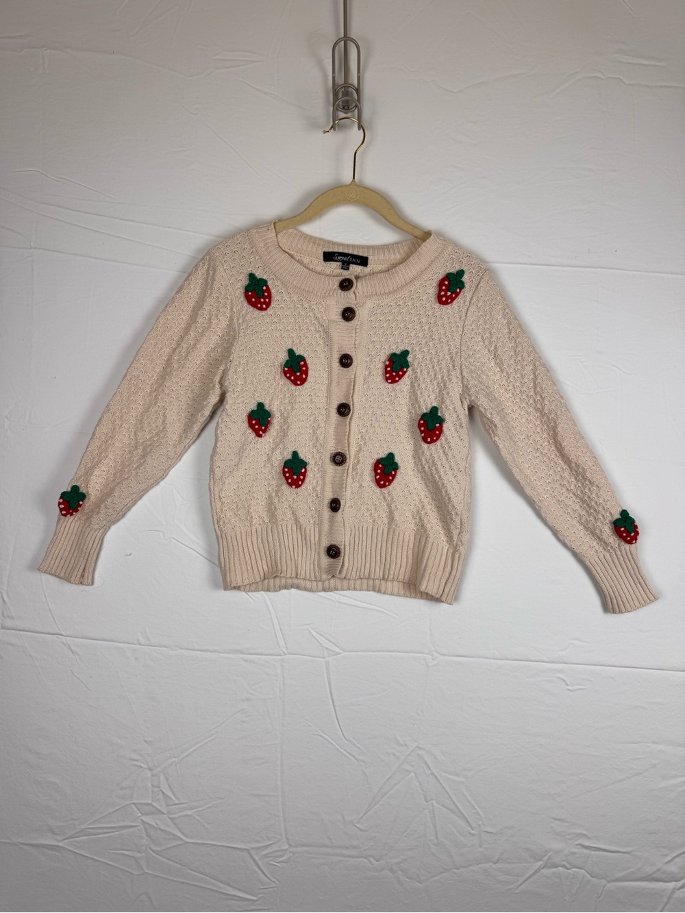 Strawberry Embroidery Cream Knit Cardigan - Brand: Sweet Rain